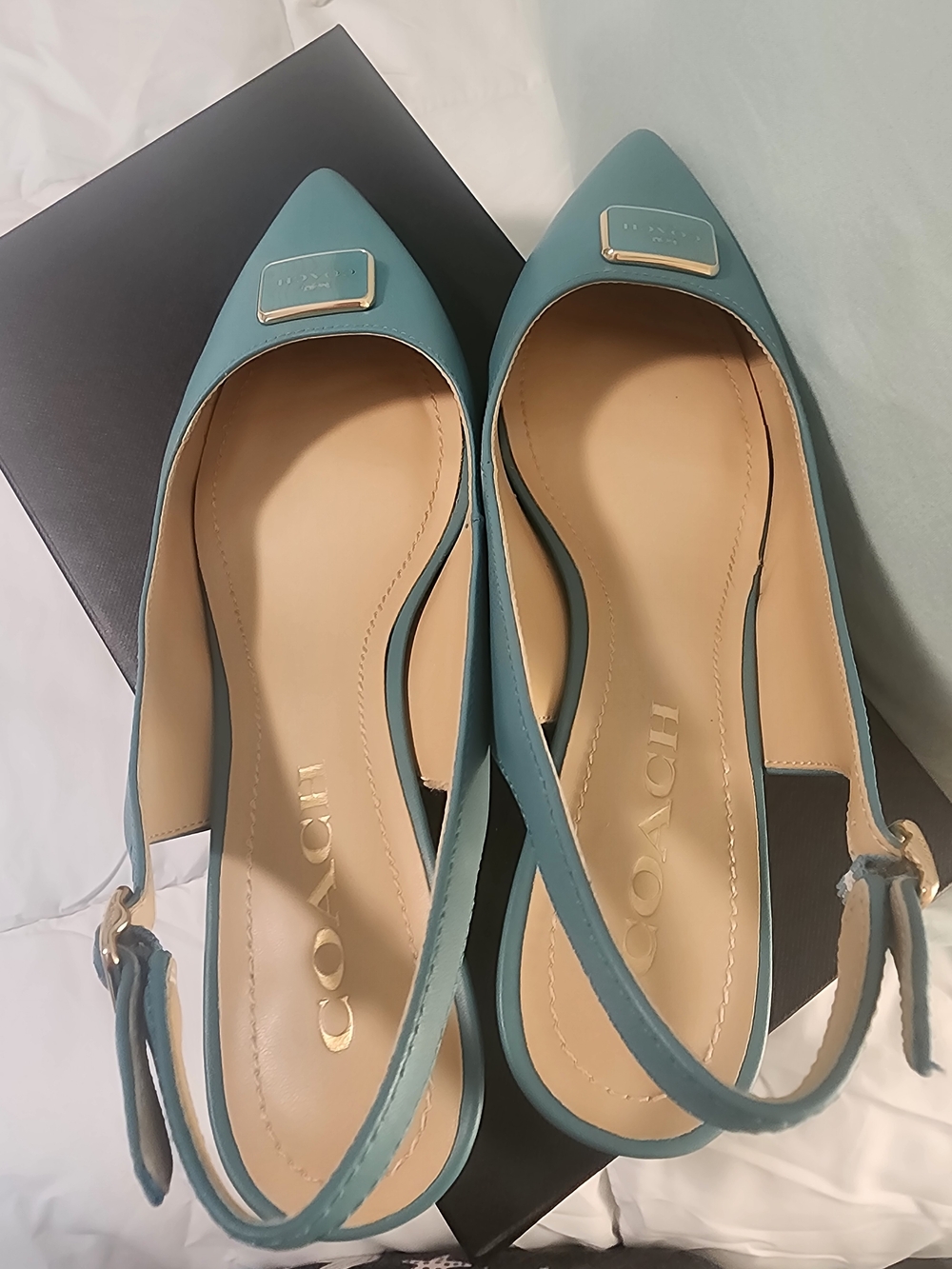 Coach Blue Green Pointed Toe Slingback Heels - Picture 4 of 13
